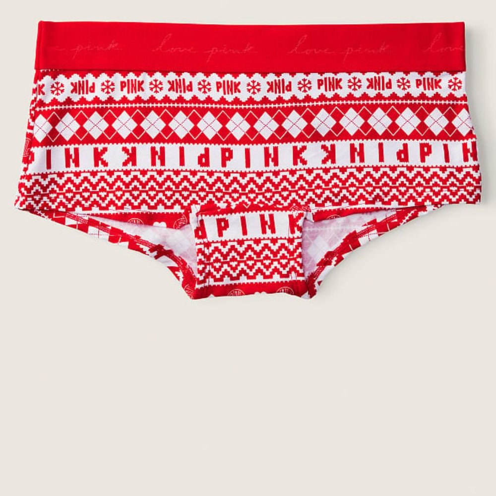 ⛄️🤶VS PINK LOGO Boyshort Christmas X-Mas Holiday Panty Shorties Geometric NWT